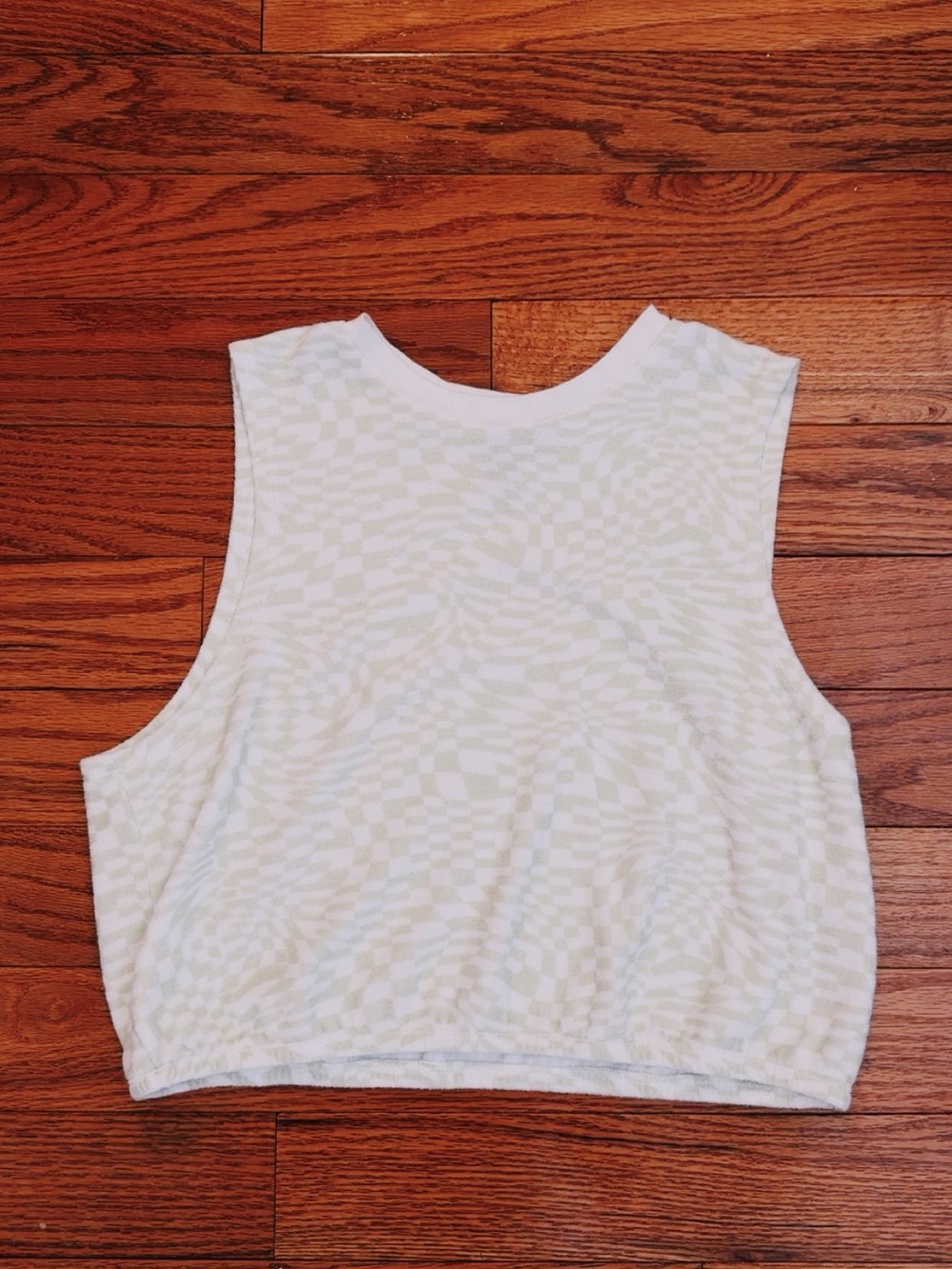 Volcom White & Green Checker-Texture Cropped Tank
